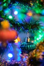 Blue Christmas ball decoration hanged up on a Christmas tree with nice blurry background Royalty Free Stock Photo