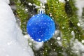 Blue Christmas ball on the fir branch covered snow. Christmas Background.