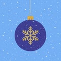 Blue Christmas ball with gold snowflake decoration on snow sky background. New year holiday concept. Vector flat illustration Royalty Free Stock Photo