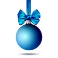 Blue christmas ball hanging on ribbon with bow, isolated on white Royalty Free Stock Photo