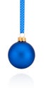 Blue Christmas ball hanging on ribbon Isolated on white Royalty Free Stock Photo