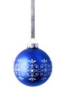 Blue christmas ball hanging on silver ribbon isolated over white background Royalty Free Stock Photo