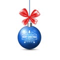 Blue Christmas Ball With Red Ribbon Bow Isolated On White Background Royalty Free Stock Photo