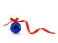 blue shiny christmas ball with serpentine red ribbon bow isolated on white background Royalty Free Stock Photo