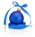 Blue Christmas ball with ribbon bow Isolated on white background Royalty Free Stock Photo