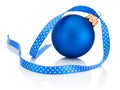 Blue Christmas ball with ribbon bow Isolated on white background Royalty Free Stock Photo