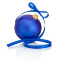 Blue christmas ball with ribbon bow Isolated on white background Royalty Free Stock Photo