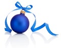 Blue Christmas ball with ribbon bow Isolated on white background Royalty Free Stock Photo