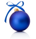 Blue Christmas ball with ribbon bow Isolated on white background Royalty Free Stock Photo
