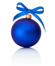 Blue Christmas ball with ribbon bow Isolated on white background Royalty Free Stock Photo