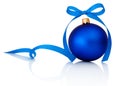 Blue Christmas ball with ribbon bow Isolated on white background Royalty Free Stock Photo