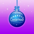 Blue Christmas ball with ribbon and a bow on shiny pink-purple background with stars. Vector illustration for Xmas Royalty Free Stock Photo