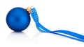 Blue Christmas ball with ribbon Isolated on white background Royalty Free Stock Photo