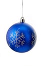 Blue christmas ball with silver sparkly snowflakes isolated on white Royalty Free Stock Photo