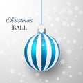 Blue Christmas ball with snow effect. Xmas glass ball on transparent background. Holiday decoration template. Vector illustration Royalty Free Stock Photo