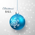 Blue Christmas ball with snow effect. Xmas glass ball on transparent background. Holiday decoration template. Vector illustration Royalty Free Stock Photo