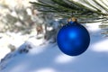 Blue Christmas Ball in a Snowy Pine Tree