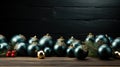 Blue christmas balls on black wooden background with copy space. Christmas greeting card Royalty Free Stock Photo