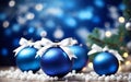 blue christmas balls with ribbon for decoration, Blue Christmas baubles with white bows Royalty Free Stock Photo