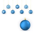 Blue Christmas balls Set. Holiday Decorative Elements. Xmas balls hang on golden string. Vector illustration isolated on white Royalty Free Stock Photo