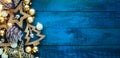 A Blue Christmas banner background with hand-made decoration stars and  Christmas tree Royalty Free Stock Photo