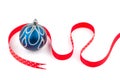 Blue Christmas bauble and red dotted ribbon Royalty Free Stock Photo