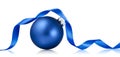 Blue christmas bauble with ribbon isolated over white background