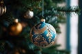 Blue Christmas bulb and tree branch Royalty Free Stock Photo