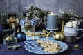 Blue Christmas with candy canes and gingerbread cookies Royalty Free Stock Photo