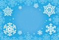 Blue Christmas frosty background. Vector illustration. Snowflakes design for winter with place text space. Abstract Paper Snow. Royalty Free Stock Photo