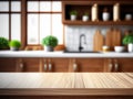 Wooden table on blurred kitchen bench background.