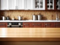 Wooden table on blurred kitchen bench background. Royalty Free Stock Photo