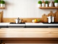 Wooden table on blurred kitchen bench background.