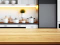 Wooden table on blurred kitchen bench background.