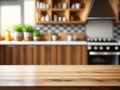 Wooden table on blurred kitchen bench background. Royalty Free Stock Photo