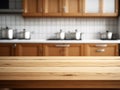 Wooden table on blurred kitchen bench background.