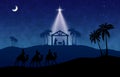 Blue Christmas greeting card banner background with nativity scene in the desert. Royalty Free Stock Photo
