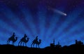 Blue Christmas greeting card banner background with Three Wise Men. Royalty Free Stock Photo