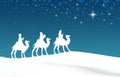 Blue Christmas greeting card banner background with Three Wise Men in the desert. Royalty Free Stock Photo