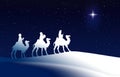 Blue Christmas greeting card banner background with Three Wise Men in the desert. Royalty Free Stock Photo