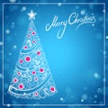 Blue Christmas Greeting Card with Hand Drawn Christmas Tree and Merry Christmas Lettering Royalty Free Stock Photo