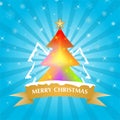 Blue Christmas greeting with color shining Christmas tree with gold star and gold ribbon with white writing Merry Christmas on a b