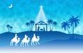 Blue Christmas Nativity scene greeting card background. Royalty Free Stock Photo