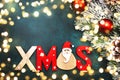 Blue Christmas or New Year background with red and blue Christmas balls, garland lights, golden bokeh and inscription Xmas, top