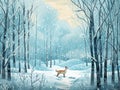 Blue Christmas New Years greeting card with winter scene in forest with cute little red fox. Trees covered with snow. Watercolor