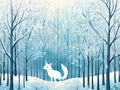 Blue Christmas New Years Greeting Card With Winter Scene In Forest With Cute Little White Fox. Trees Covered With Snow. Watercolor