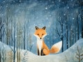 Blue Christmas New Years Greeting Card With Winter Scene In Forest With Cute Red Fox. Trees Covered With Snow. Watercolor