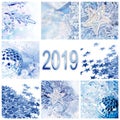 2019, blue christmas ornaments collage greeting card Royalty Free Stock Photo