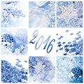 2016, blue christmas ornaments greeting card Royalty Free Stock Photo