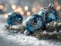 Blue Christmas ornaments with silver snowflake patterns resting on snow-dusted evergreen branches and softly glowing festive Royalty Free Stock Photo